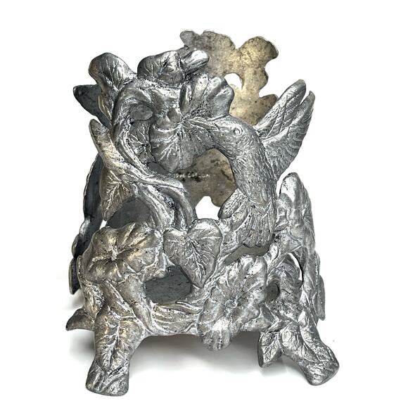 VTG Carson Hummingbird CANDLE JAR HOLDER 4.25"D Pillar Floral Silver Metal 5.5"T - Picture 6 of 6